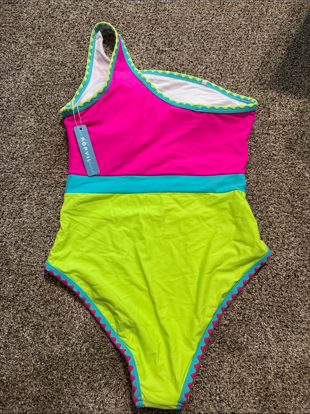 NWT Popvil One-Shoulder Neon Pink and Lime Colorblock One-Piece Swimsuit S - Picture 3 of 5